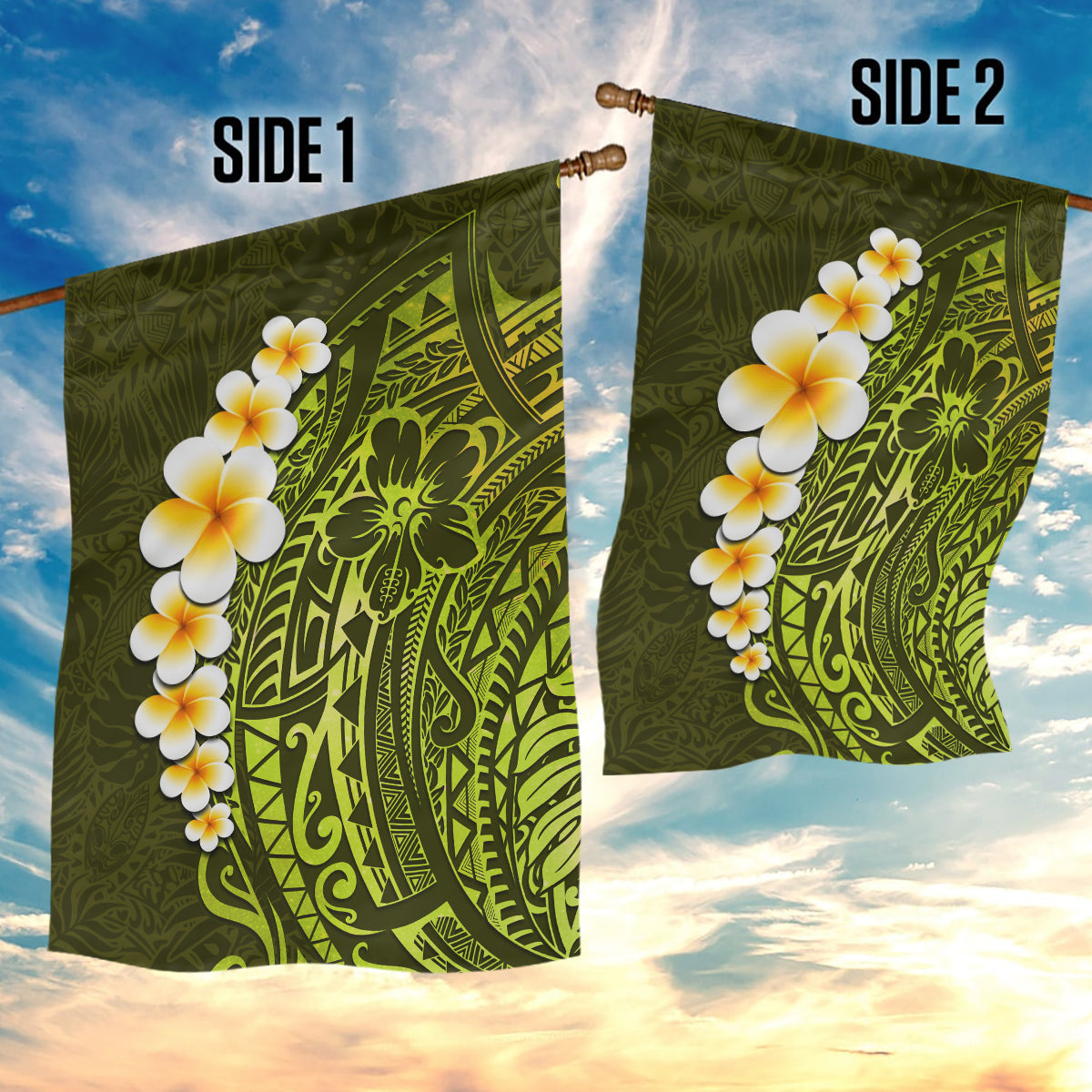 Lime Green Tropical Plumeria With Galaxy Polynesian Art Garden Flag - Wonder Print Shop
