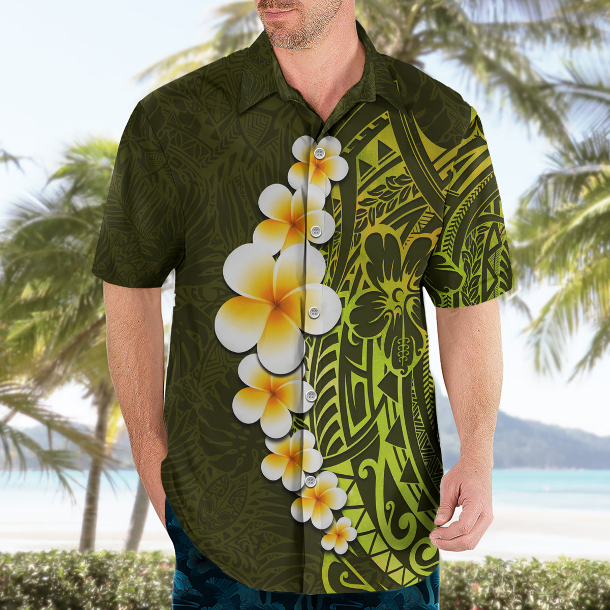 Lime Green Tropical Plumeria With Galaxy Polynesian Art Hawaiian Shirt - Wonder Print Shop