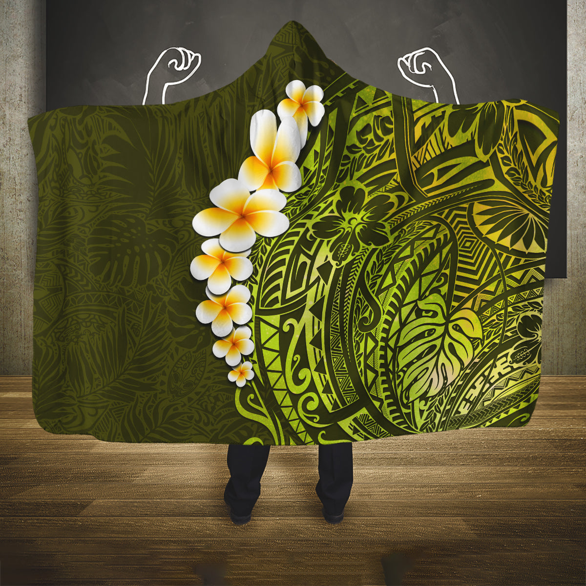 lime-green-tropical-plumeria-with-galaxy-polynesian-art-hooded-blanket
