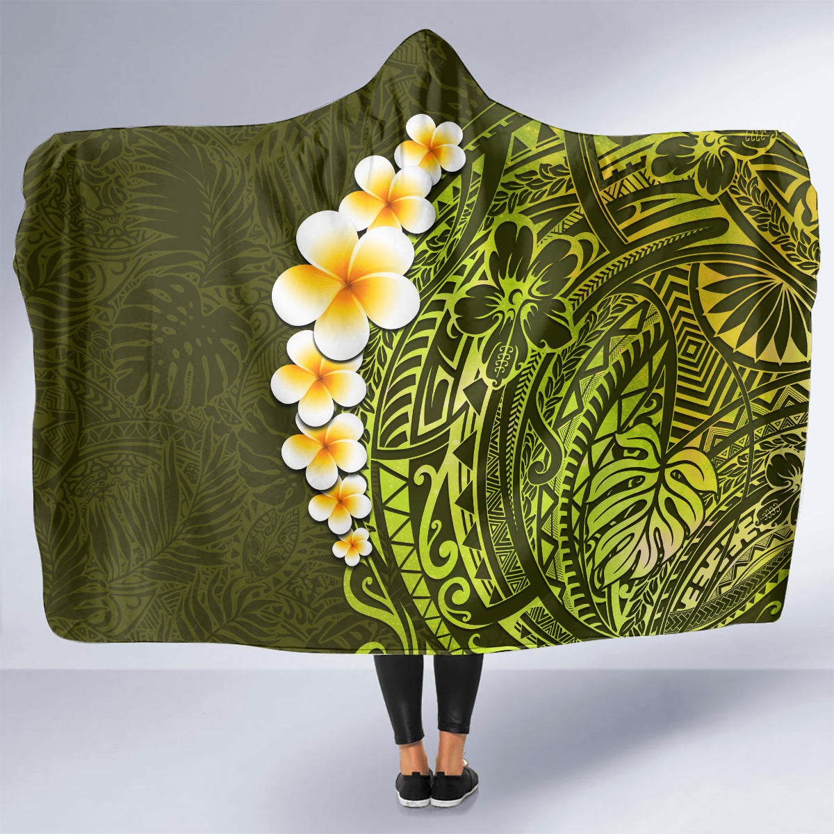 lime-green-tropical-plumeria-with-galaxy-polynesian-art-hooded-blanket