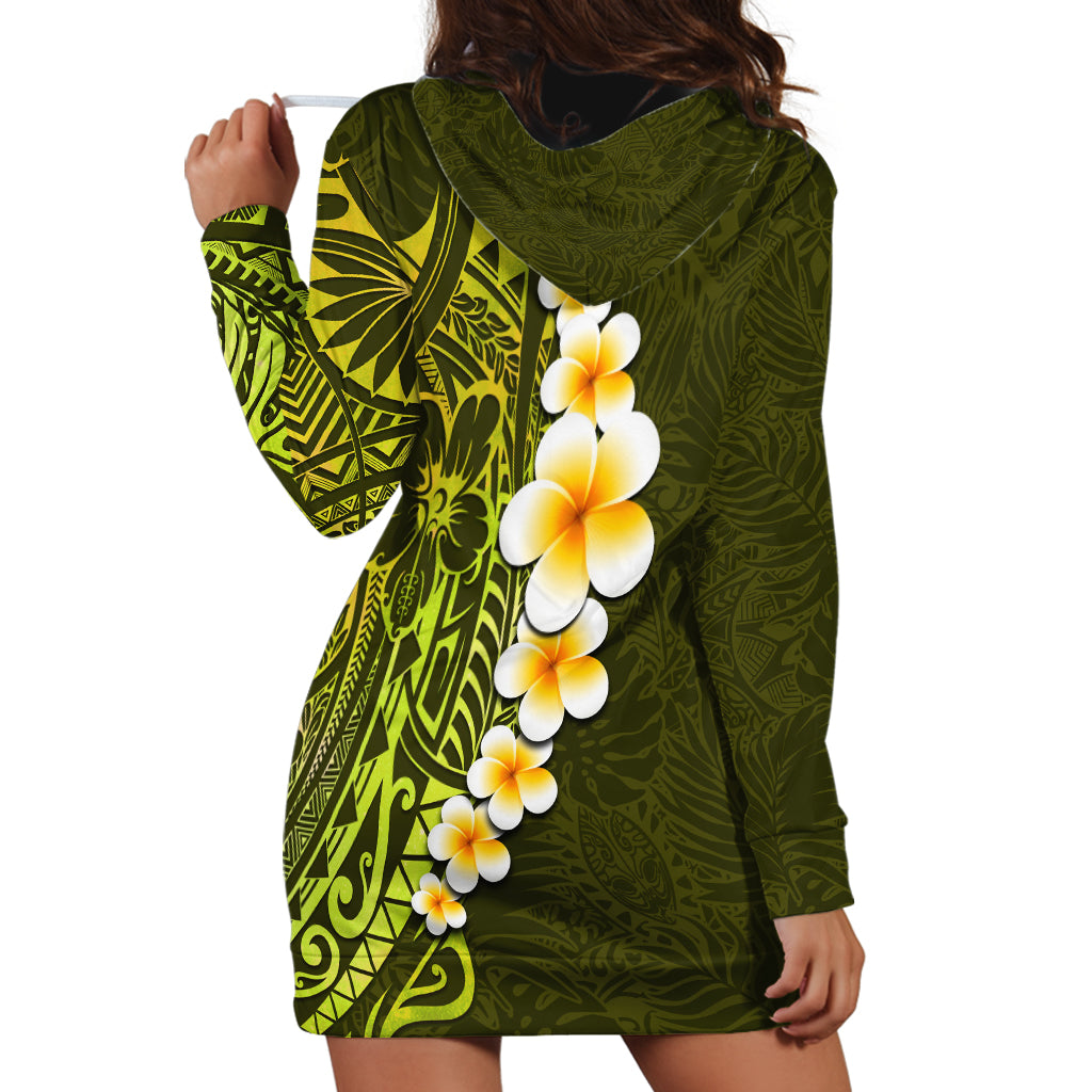 Lime Green Tropical Plumeria With Galaxy Polynesian Art Hoodie Dress - Wonder Print Shop