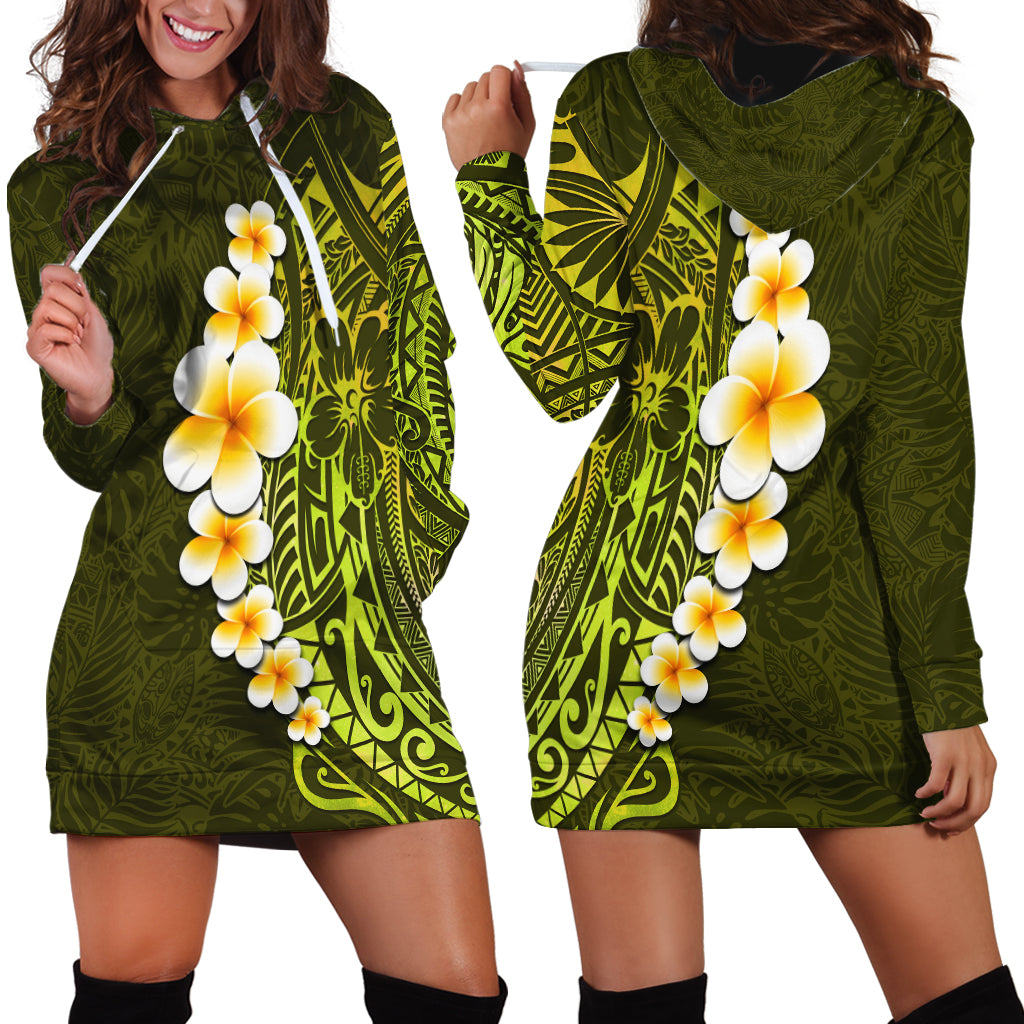 Lime Green Tropical Plumeria With Galaxy Polynesian Art Hoodie Dress - Wonder Print Shop