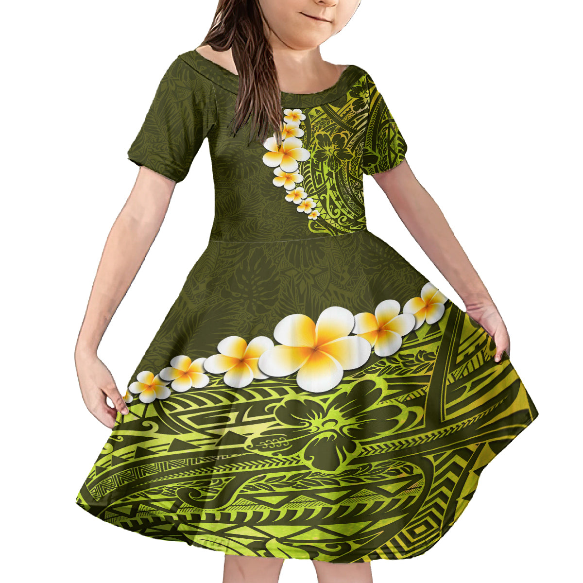 Lime Green Tropical Plumeria With Galaxy Polynesian Art Kid Short Sleeve Dress - Wonder Print Shop
