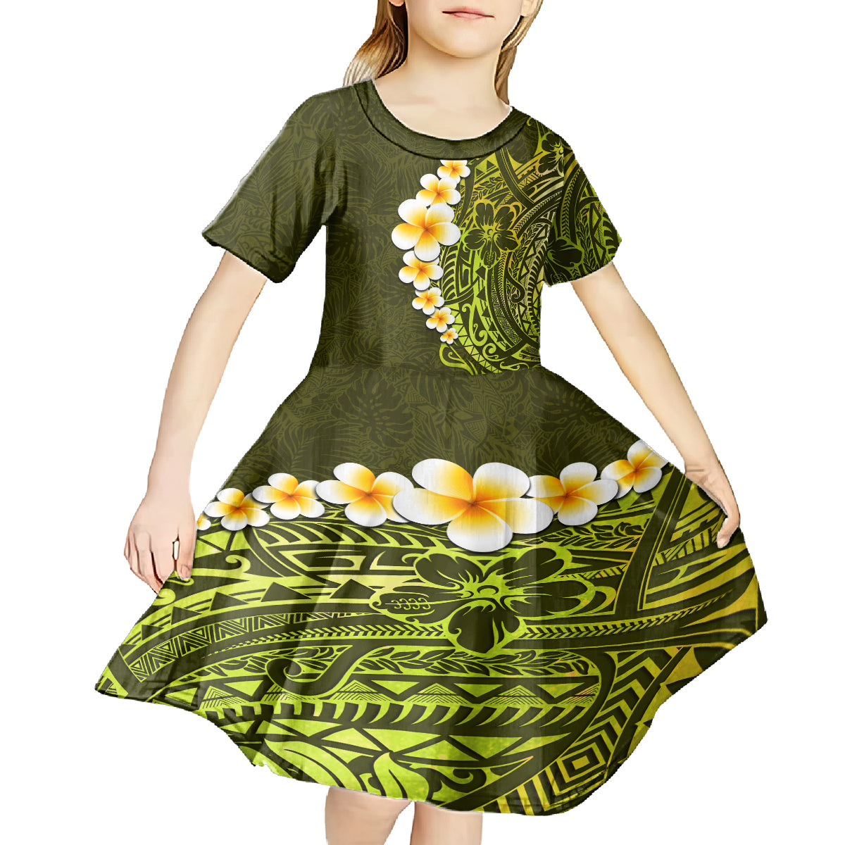 Lime Green Tropical Plumeria With Galaxy Polynesian Art Kid Short Sleeve Dress - Wonder Print Shop