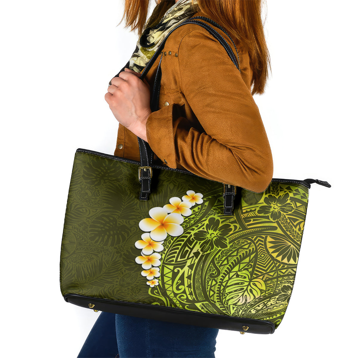 Lime Green Tropical Plumeria With Galaxy Polynesian Art Leather Tote Bag - Wonder Print Shop