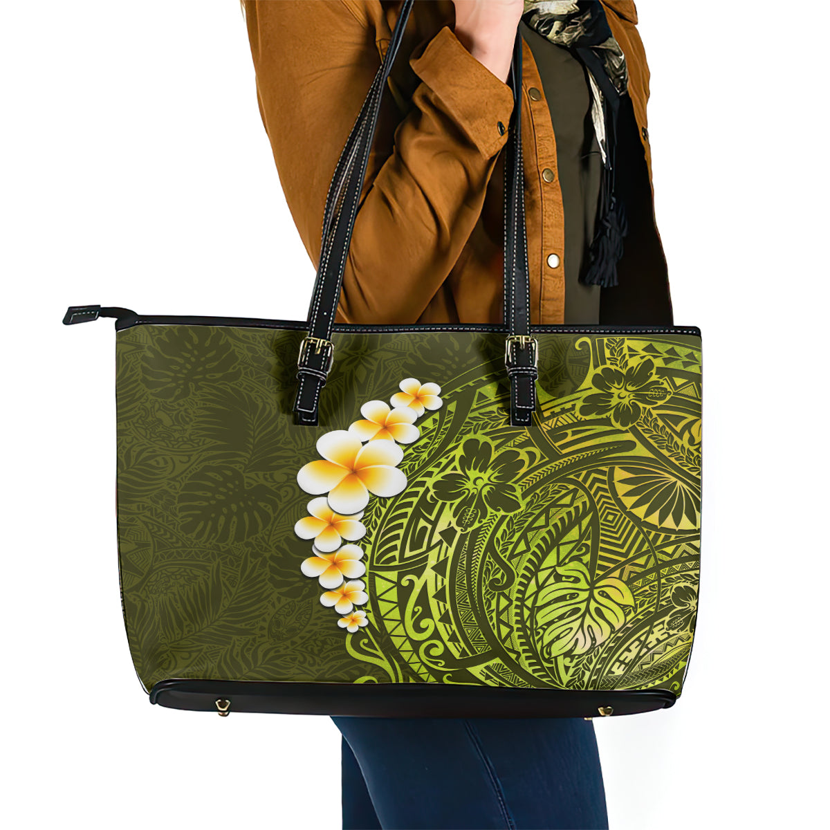 Lime Green Tropical Plumeria With Galaxy Polynesian Art Leather Tote Bag - Wonder Print Shop