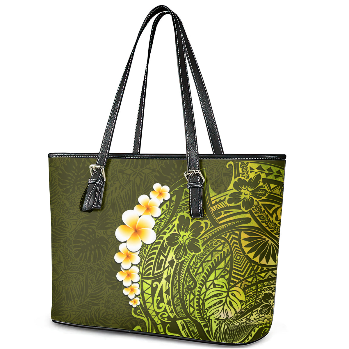 Lime Green Tropical Plumeria With Galaxy Polynesian Art Leather Tote Bag - Wonder Print Shop