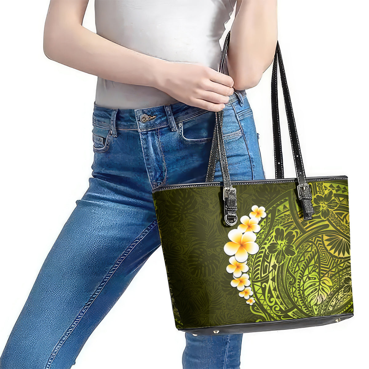 Lime Green Tropical Plumeria With Galaxy Polynesian Art Leather Tote Bag - Wonder Print Shop