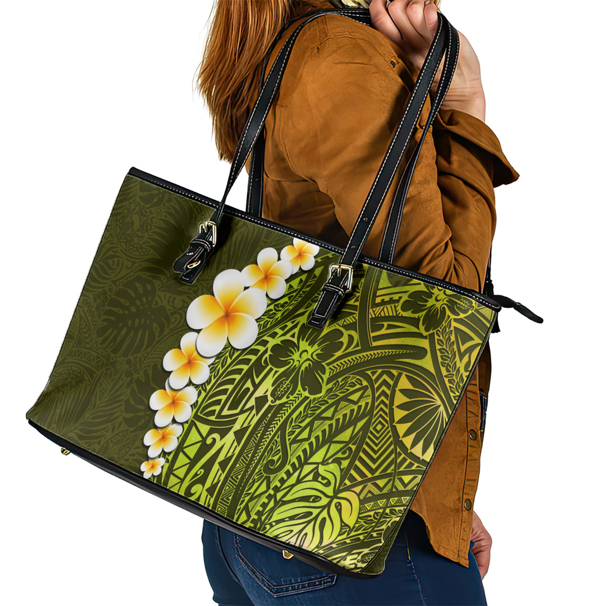 Lime Green Tropical Plumeria With Galaxy Polynesian Art Leather Tote Bag - Wonder Print Shop