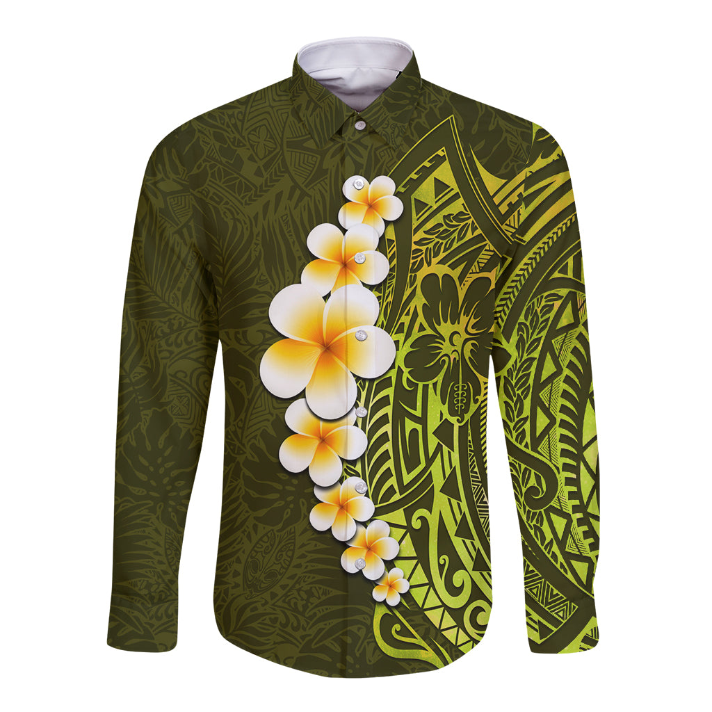 Lime Green Tropical Plumeria With Galaxy Polynesian Art Long Sleeve Button Shirt - Wonder Print Shop