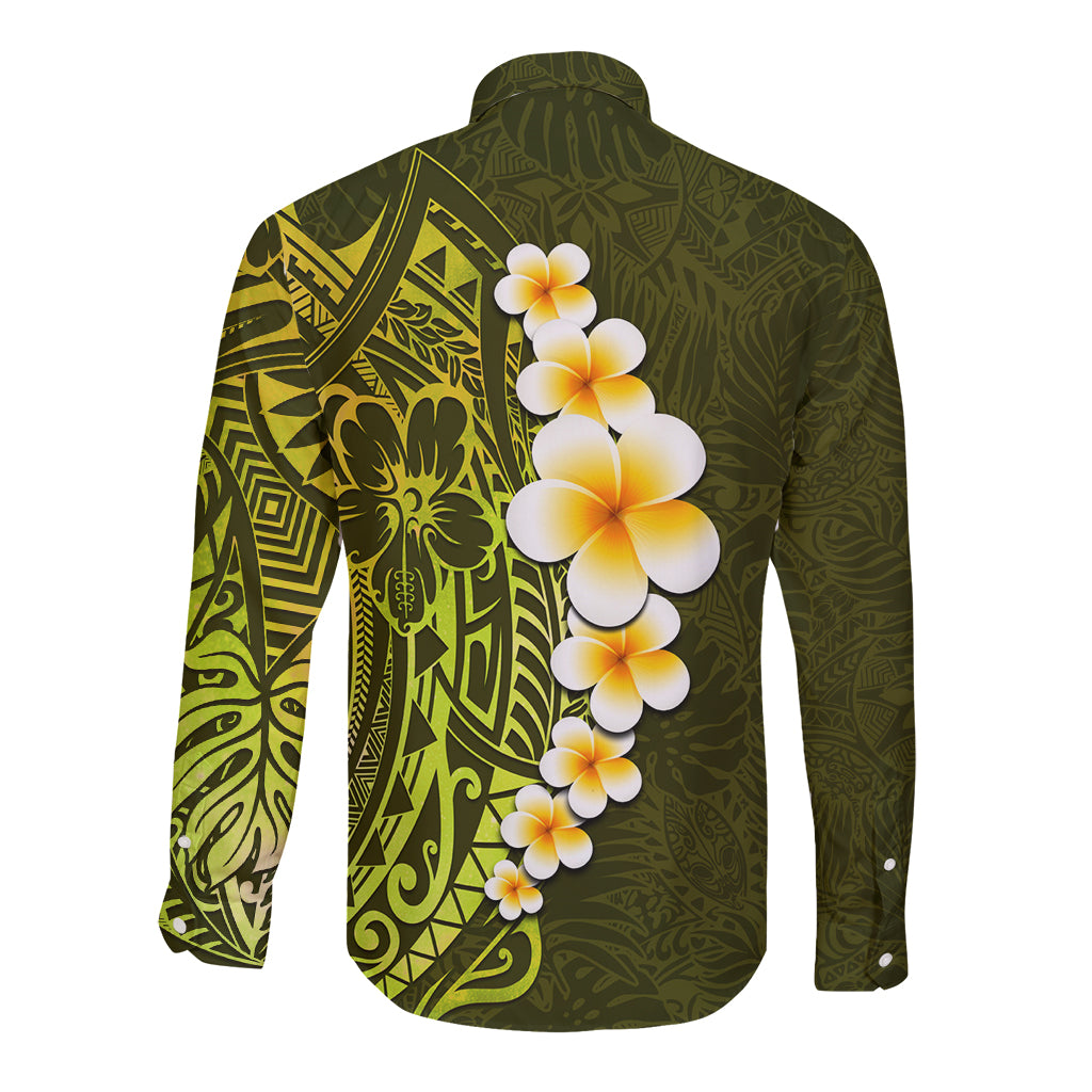 Lime Green Tropical Plumeria With Galaxy Polynesian Art Long Sleeve Button Shirt - Wonder Print Shop