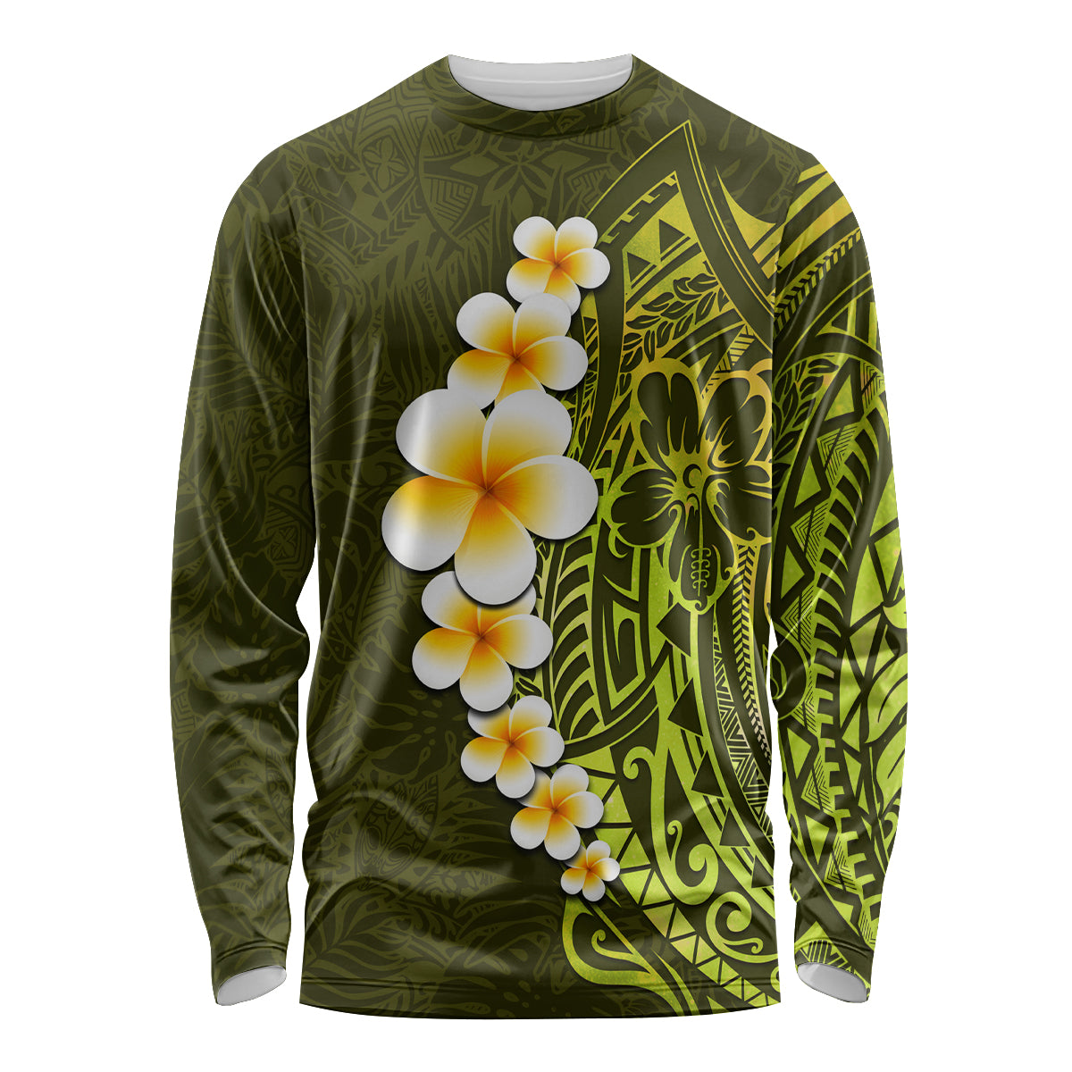 Lime Green Tropical Plumeria With Galaxy Polynesian Art Long Sleeve Shirt - Wonder Print Shop