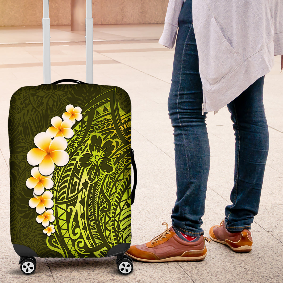 Lime Green Tropical Plumeria With Galaxy Polynesian Art Luggage Cover - Wonder Print Shop
