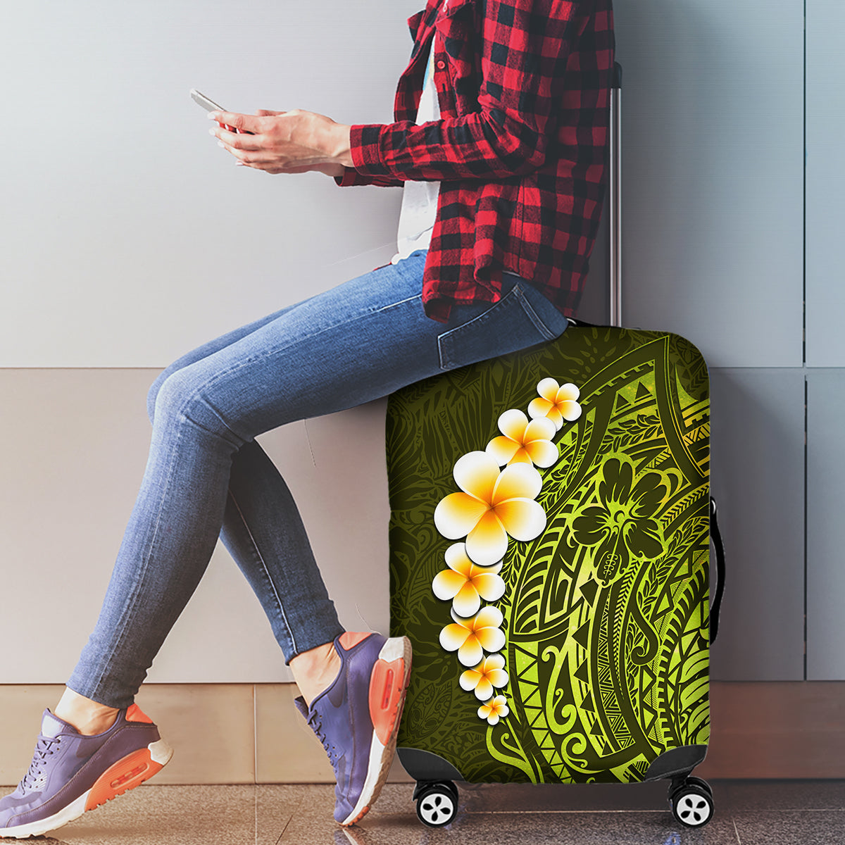 Lime Green Tropical Plumeria With Galaxy Polynesian Art Luggage Cover - Wonder Print Shop