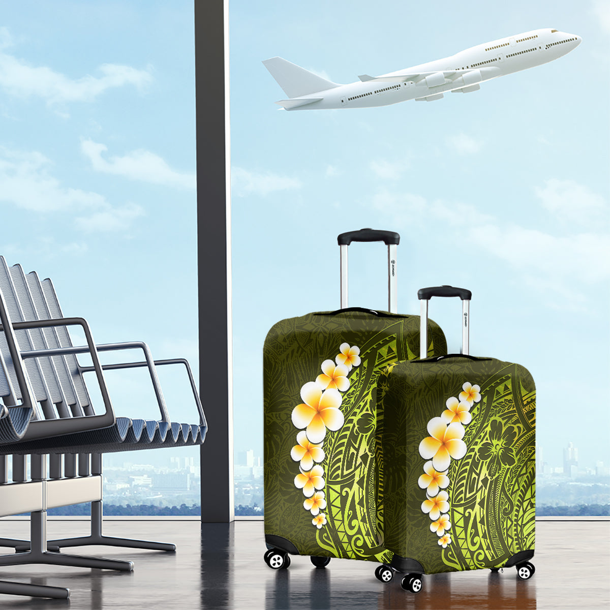 Lime Green Tropical Plumeria With Galaxy Polynesian Art Luggage Cover - Wonder Print Shop