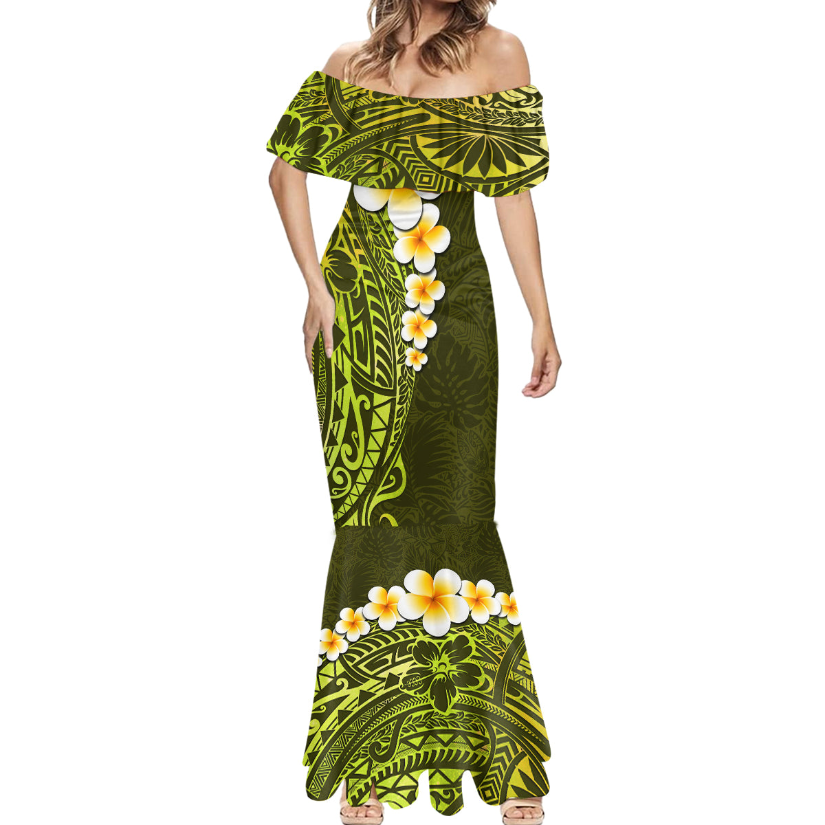 Lime Green Tropical Plumeria With Galaxy Polynesian Art Mermaid Dress - Wonder Print Shop