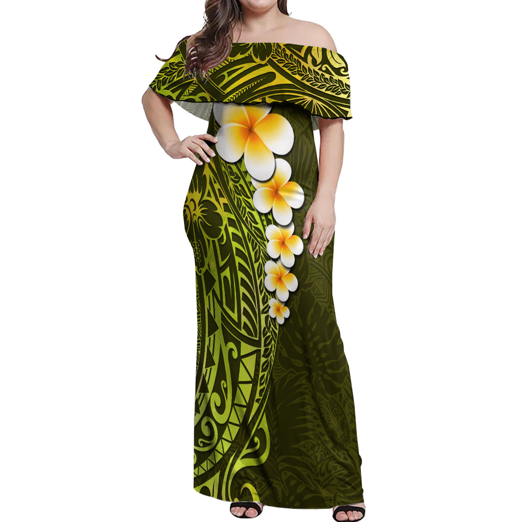 Lime Green Tropical Plumeria With Galaxy Polynesian Art Off Shoulder Maxi Dress - Wonder Print Shop