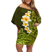 Lime Green Tropical Plumeria With Galaxy Polynesian Art Off Shoulder Short Dress - Wonder Print Shop