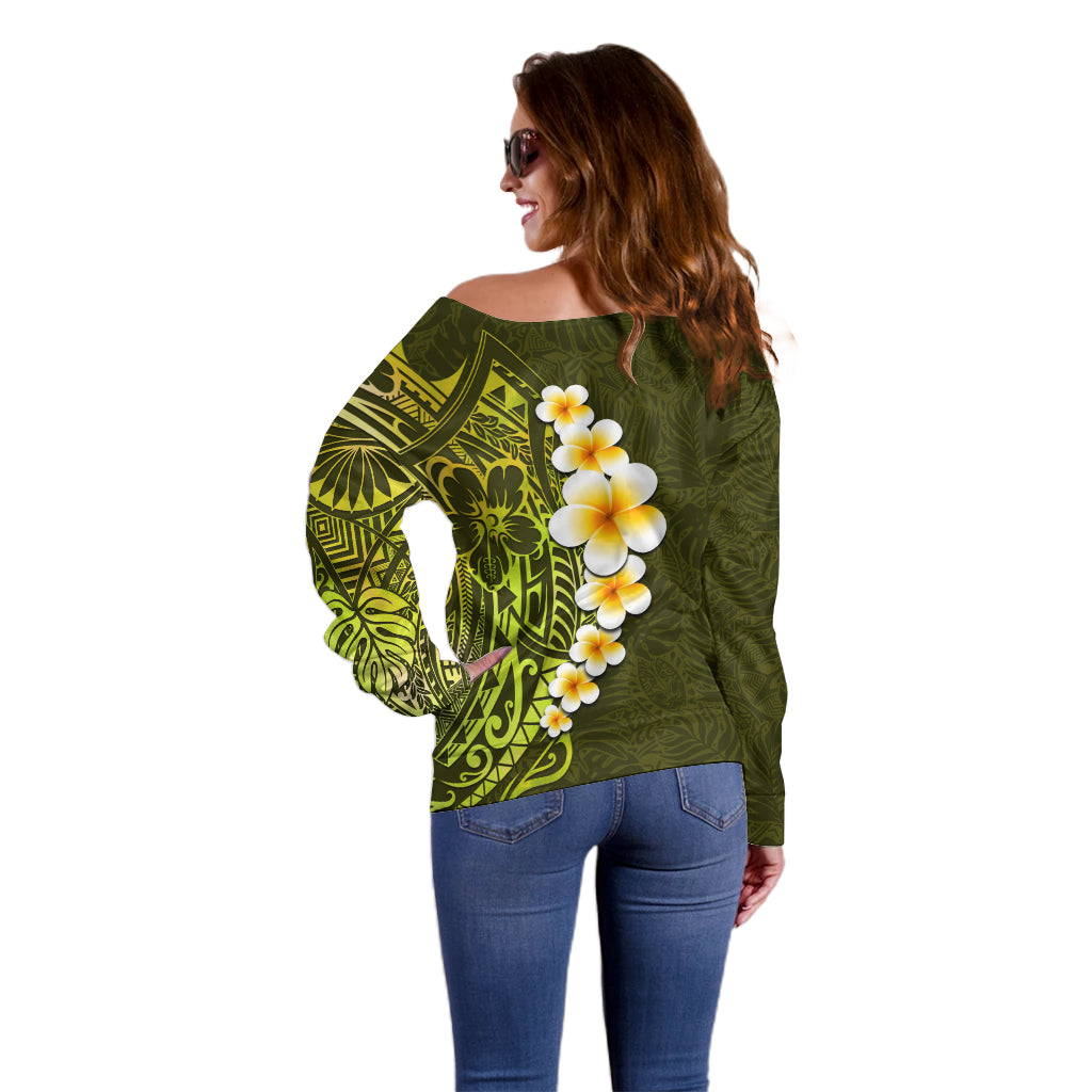 Lime Green Tropical Plumeria With Galaxy Polynesian Art Off Shoulder Sweater - Wonder Print Shop