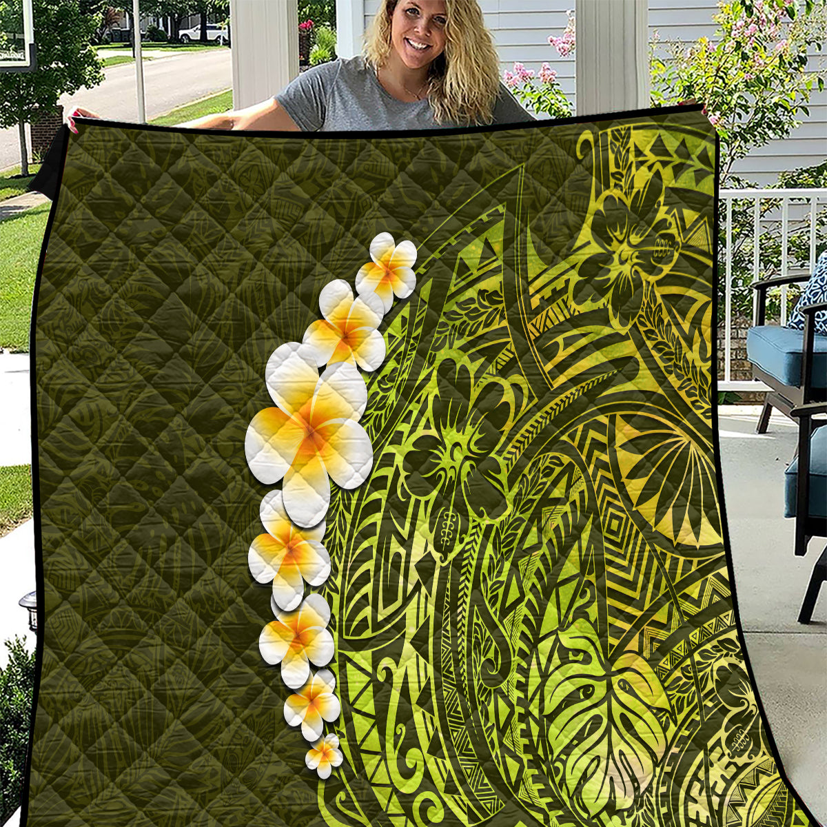 Lime Green Tropical Plumeria With Galaxy Polynesian Art Quilt - Wonder Print Shop