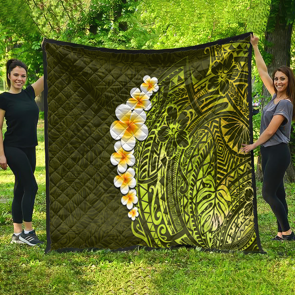 Lime Green Tropical Plumeria With Galaxy Polynesian Art Quilt - Wonder Print Shop