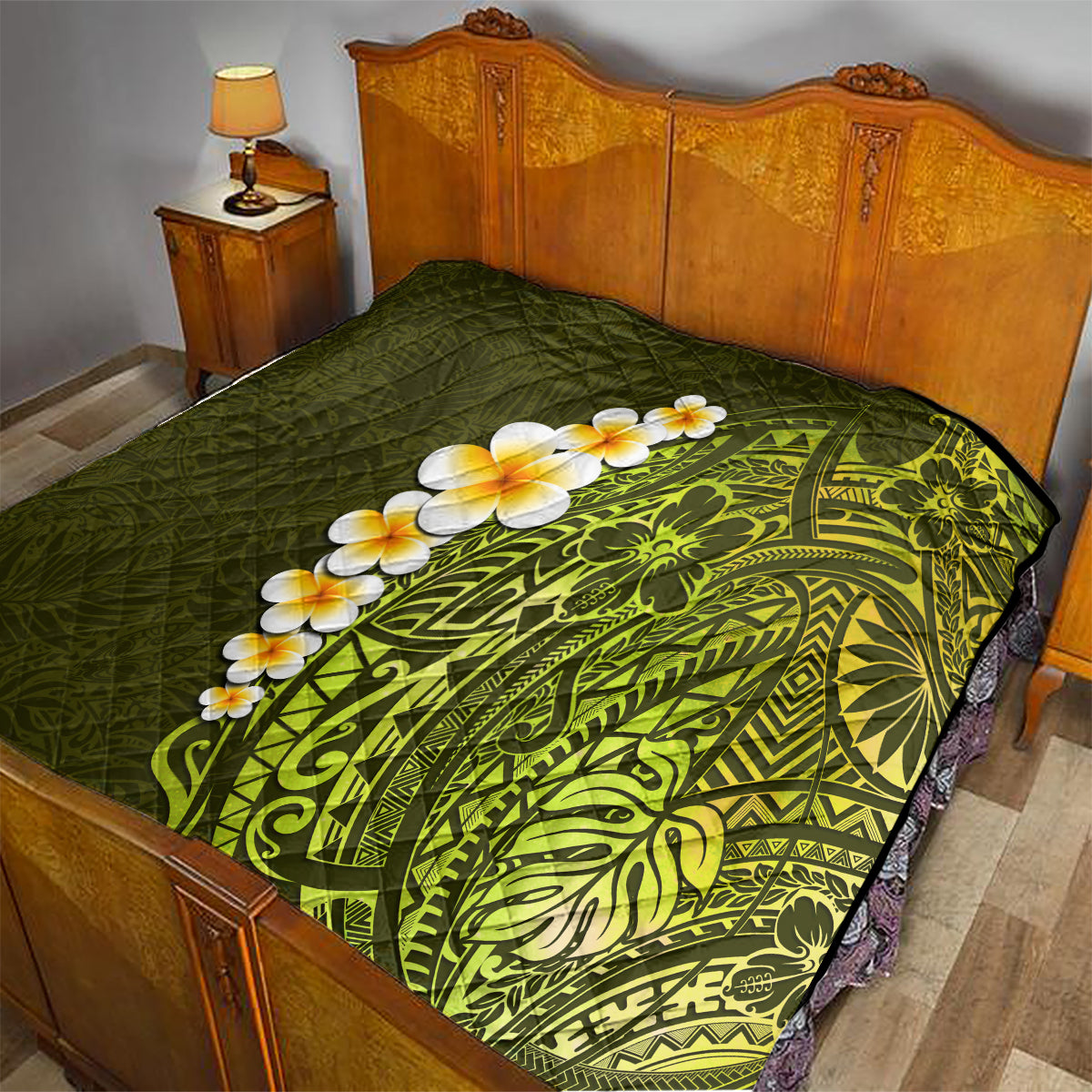 Lime Green Tropical Plumeria With Galaxy Polynesian Art Quilt - Wonder Print Shop