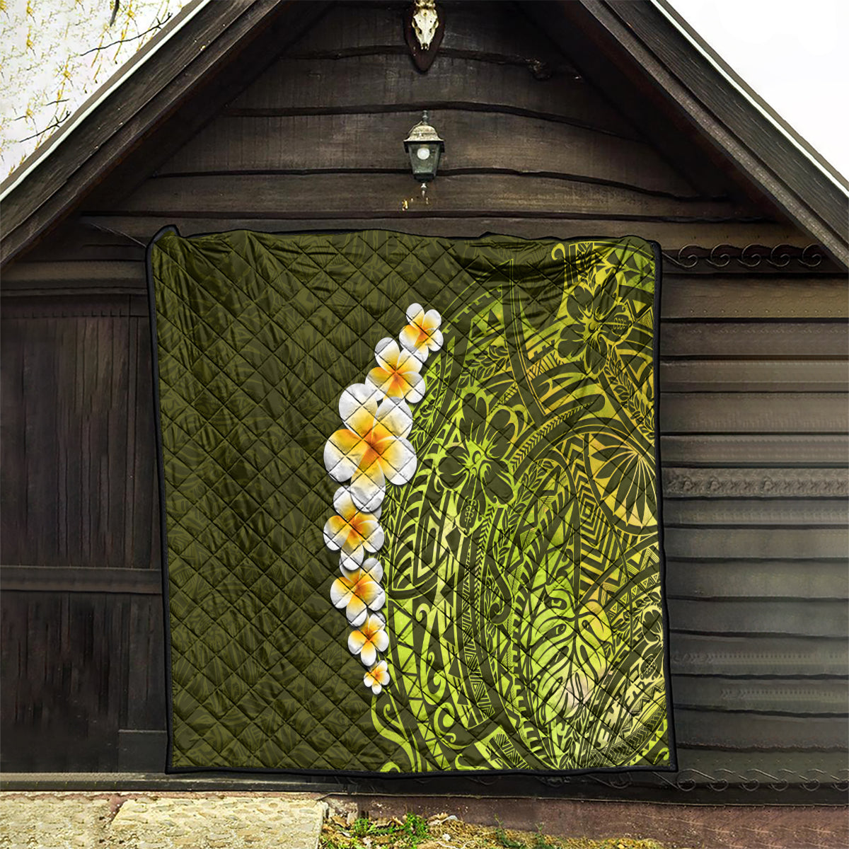 Lime Green Tropical Plumeria With Galaxy Polynesian Art Quilt - Wonder Print Shop