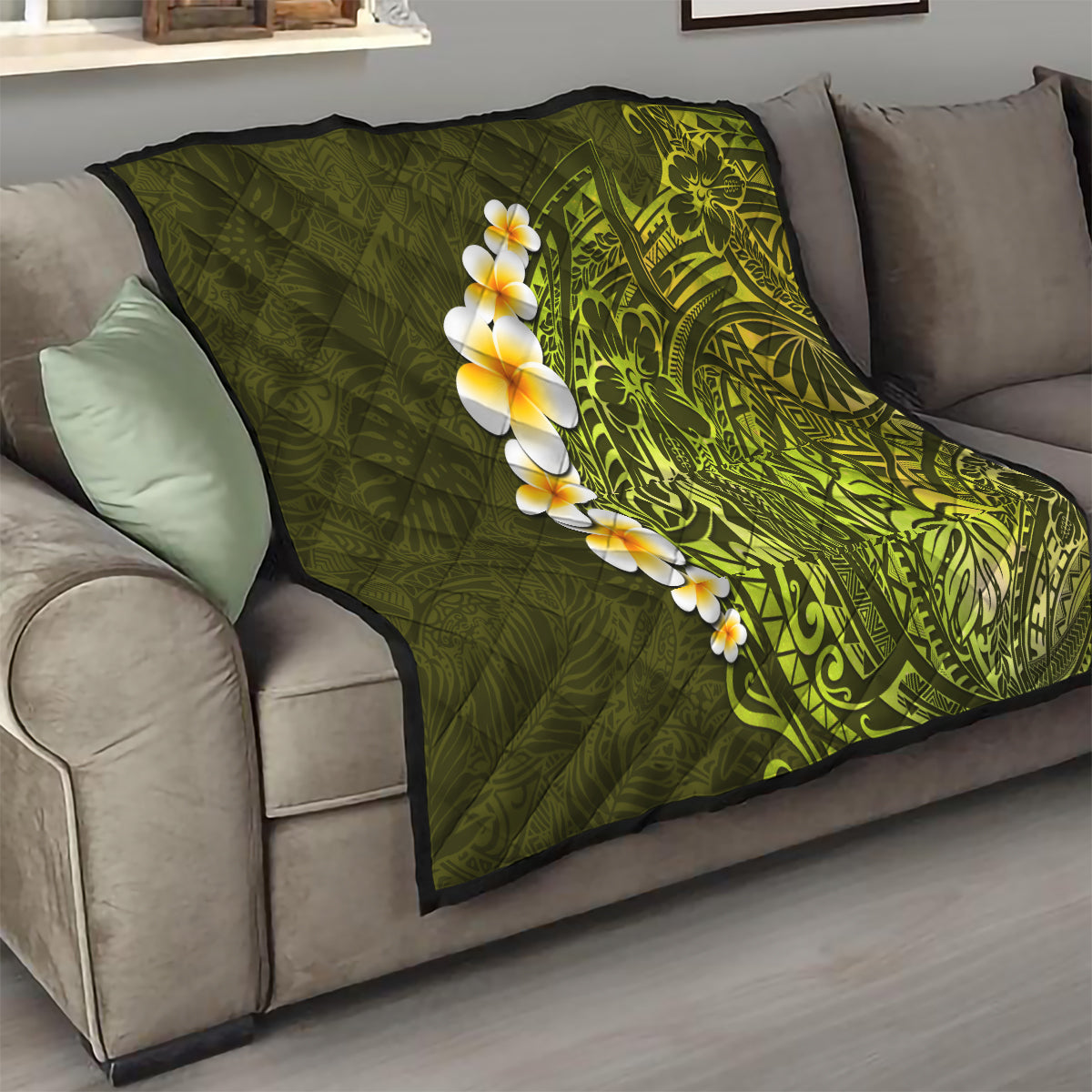 Lime Green Tropical Plumeria With Galaxy Polynesian Art Quilt - Wonder Print Shop