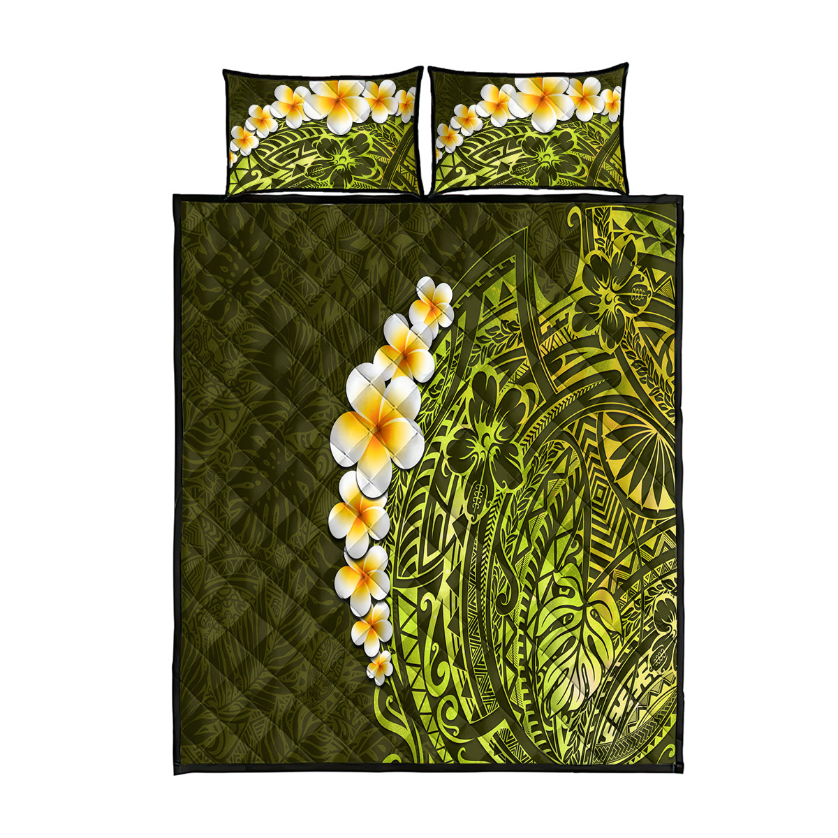 Lime Green Tropical Plumeria With Galaxy Polynesian Art Quilt Bed Set - Wonder Print Shop