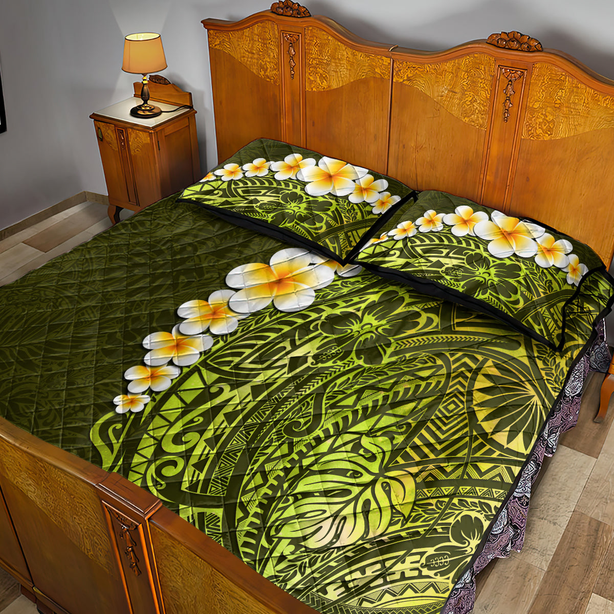 Lime Green Tropical Plumeria With Galaxy Polynesian Art Quilt Bed Set - Wonder Print Shop