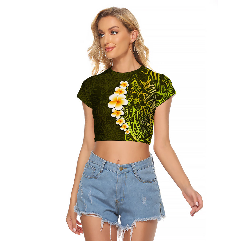 Lime Green Tropical Plumeria With Galaxy Polynesian Art Raglan Cropped T Shirt - Wonder Print Shop