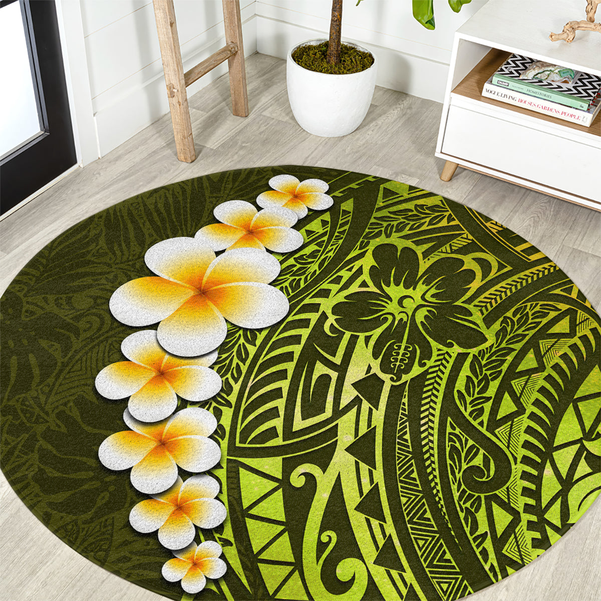 lime-green-tropical-plumeria-with-galaxy-polynesian-art-round-carpet