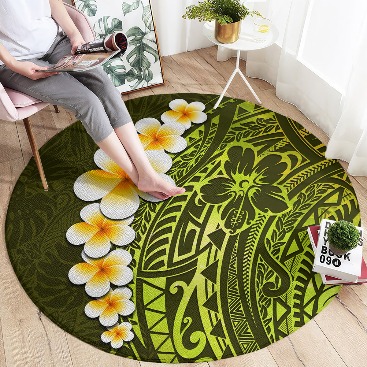 lime-green-tropical-plumeria-with-galaxy-polynesian-art-round-carpet