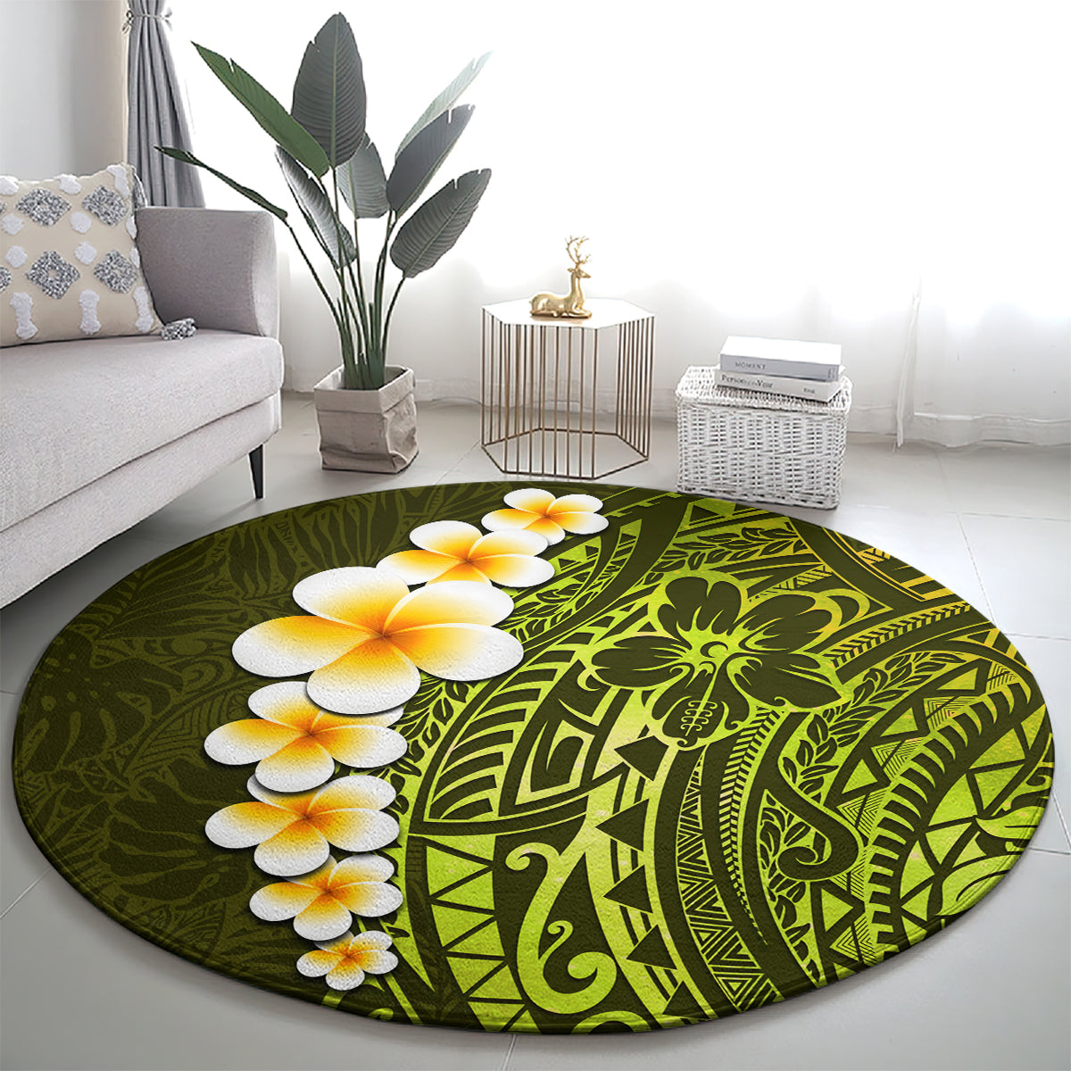 lime-green-tropical-plumeria-with-galaxy-polynesian-art-round-carpet