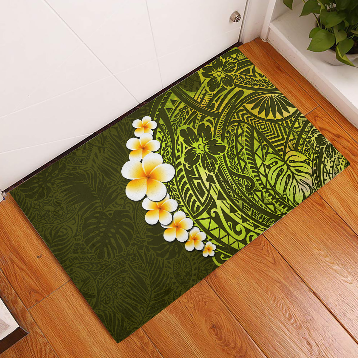 Lime Green Tropical Plumeria With Galaxy Polynesian Art Rubber Doormat - Wonder Print Shop
