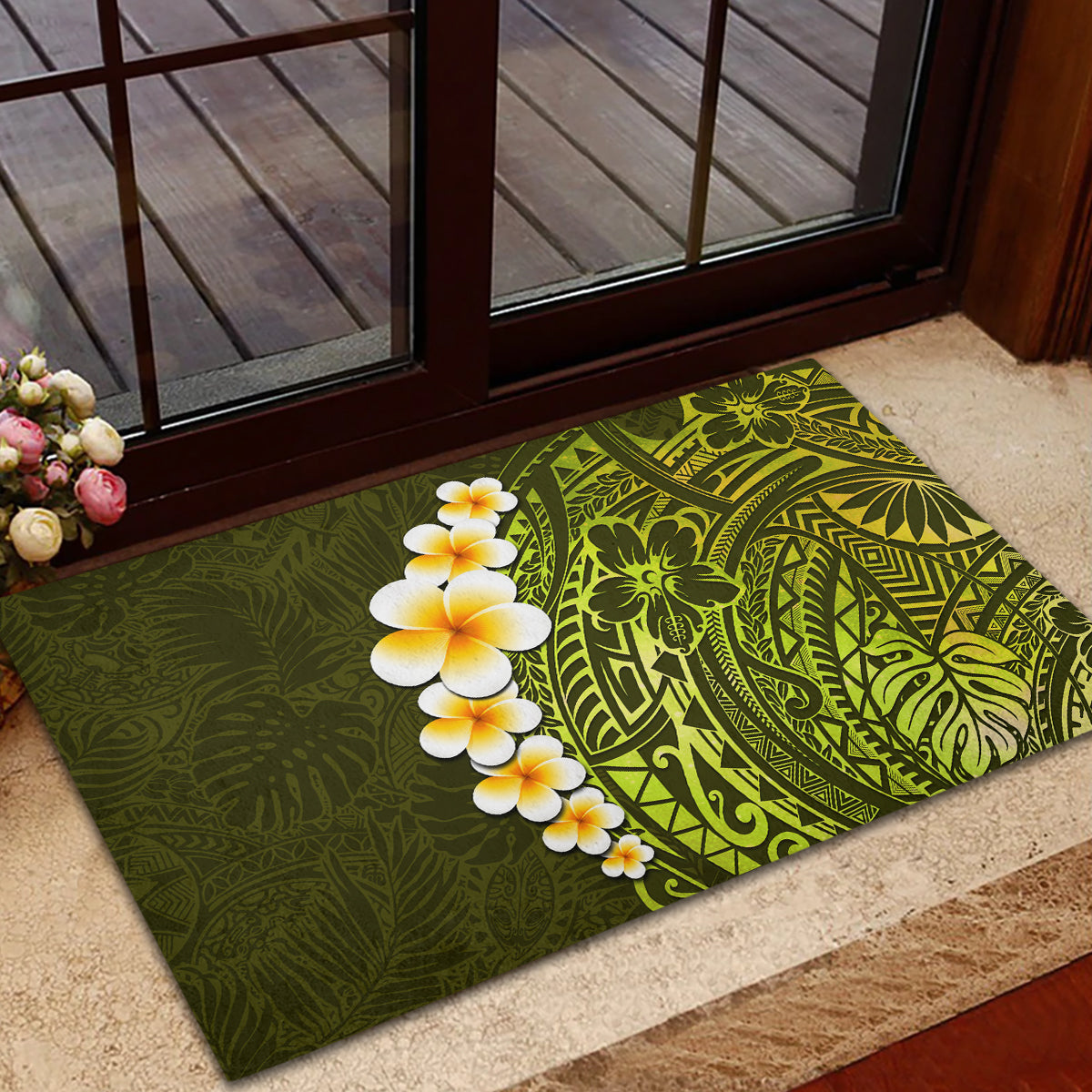 Lime Green Tropical Plumeria With Galaxy Polynesian Art Rubber Doormat - Wonder Print Shop