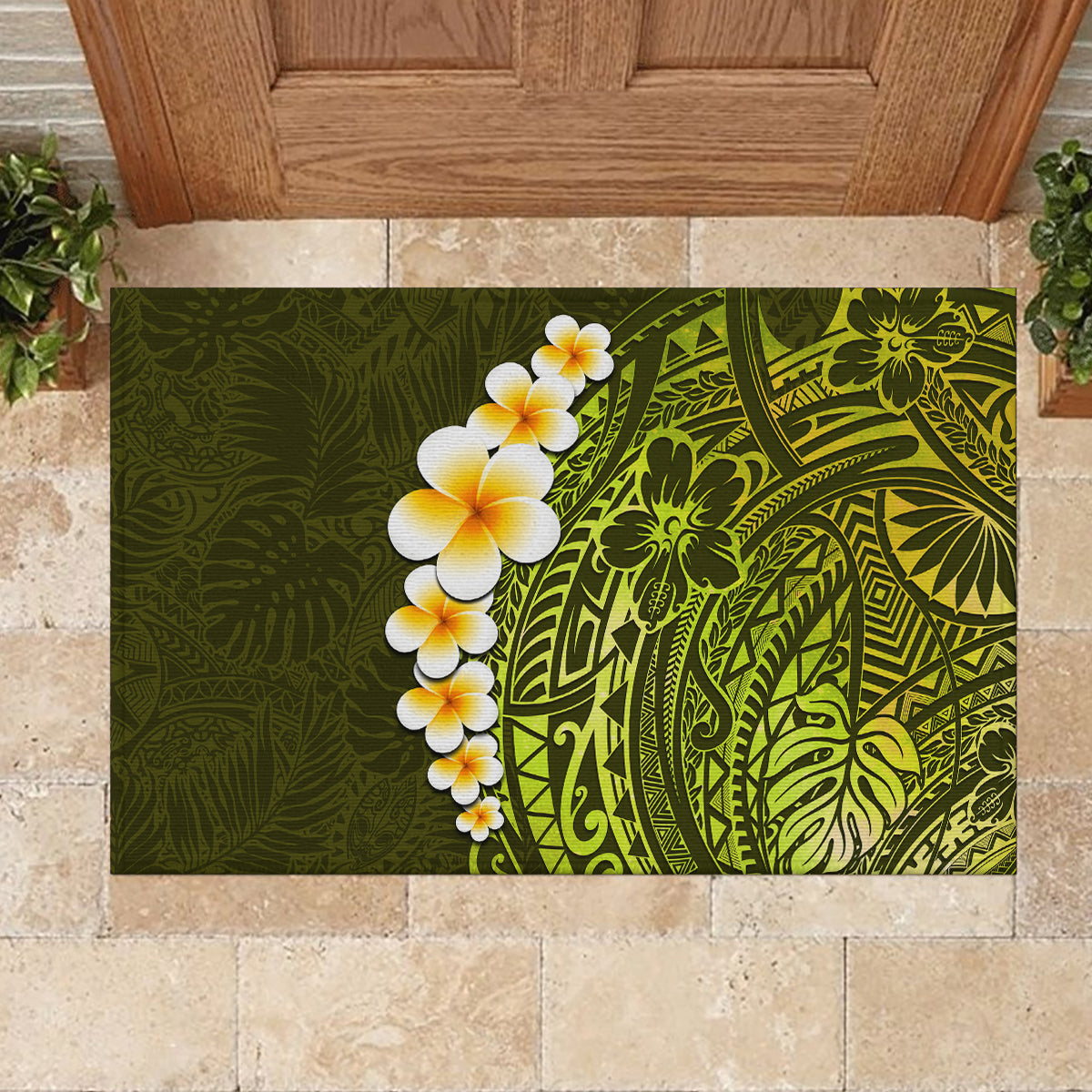 Lime Green Tropical Plumeria With Galaxy Polynesian Art Rubber Doormat - Wonder Print Shop
