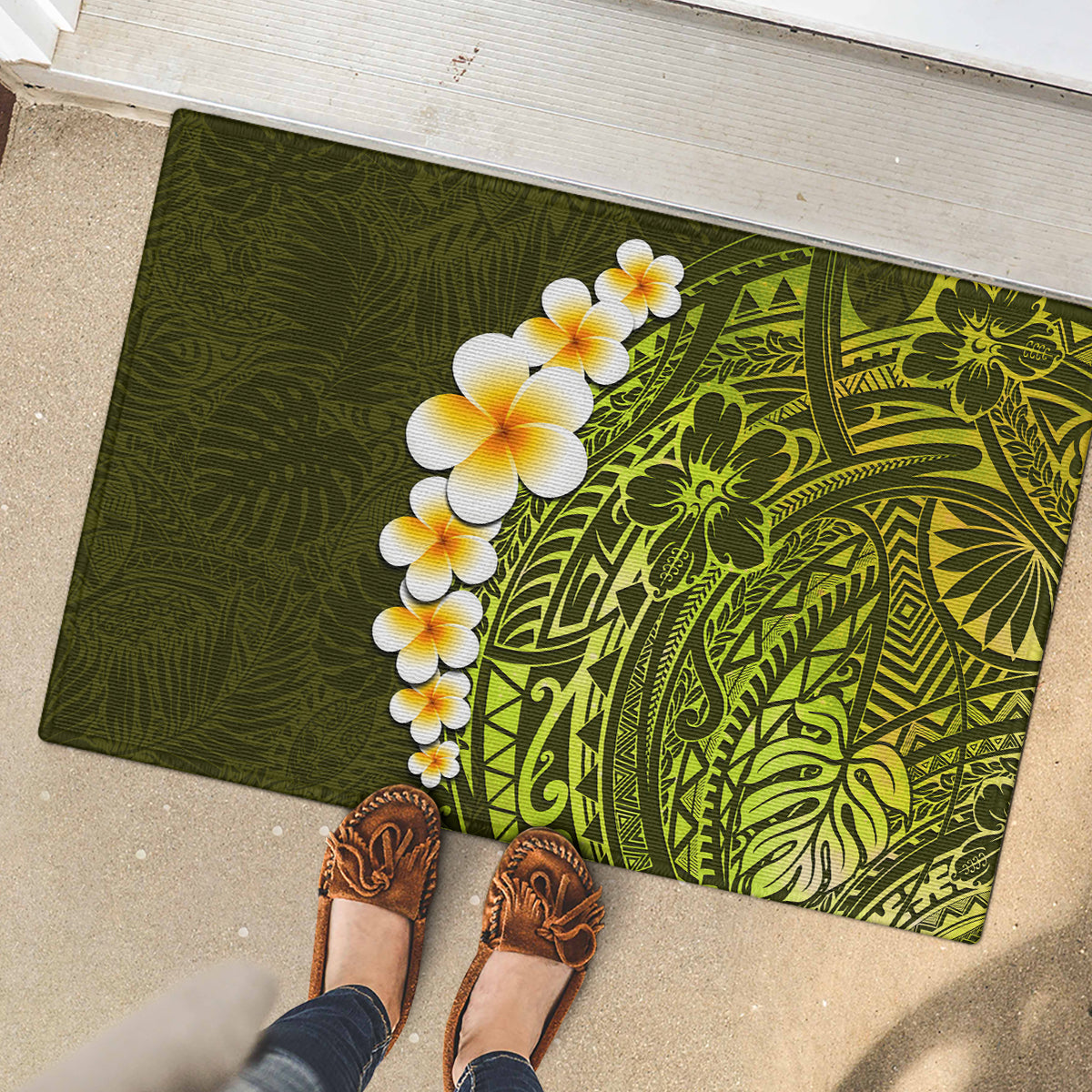 Lime Green Tropical Plumeria With Galaxy Polynesian Art Rubber Doormat - Wonder Print Shop