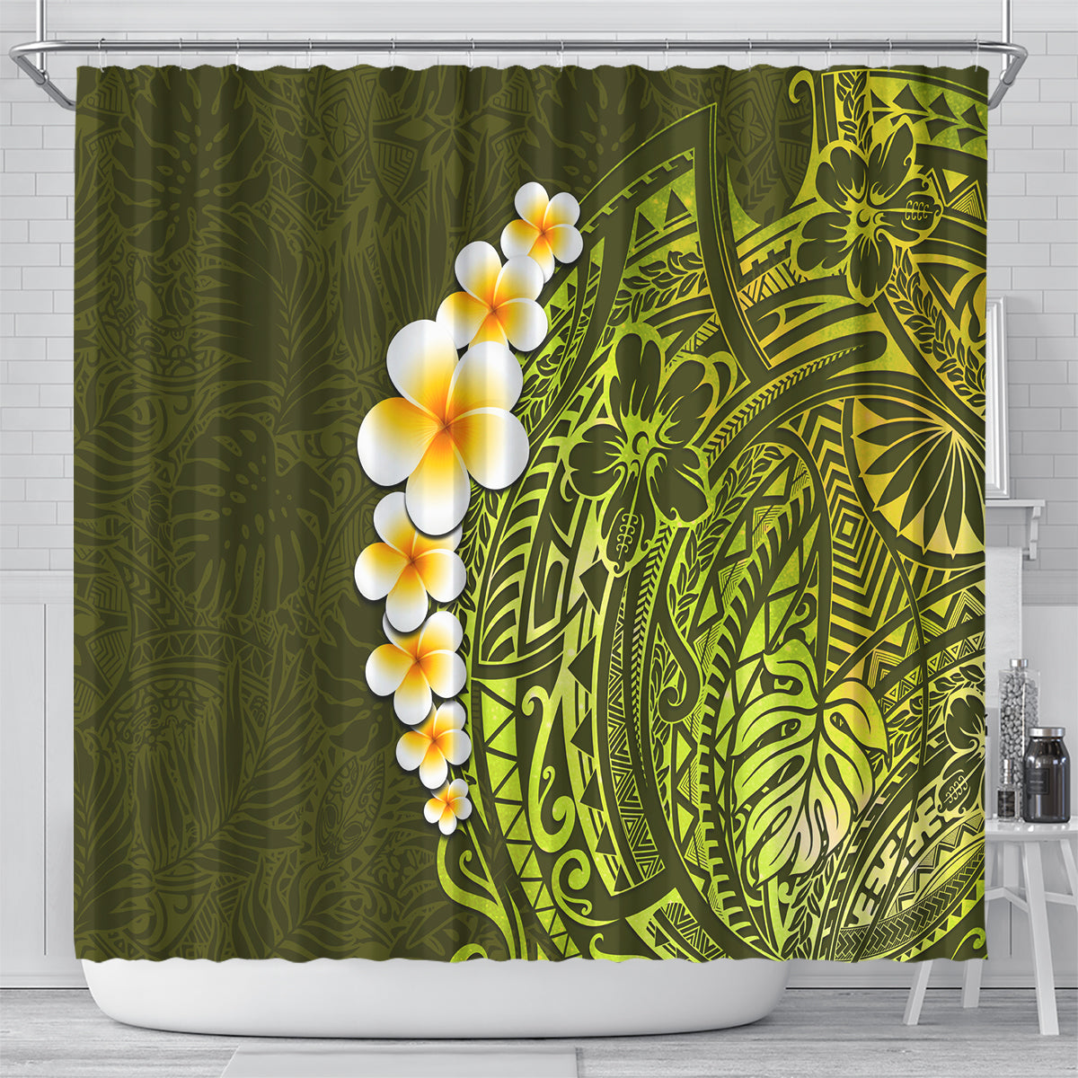lime-green-tropical-plumeria-with-galaxy-polynesian-art-shower-curtain