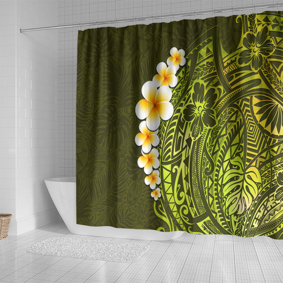 lime-green-tropical-plumeria-with-galaxy-polynesian-art-shower-curtain