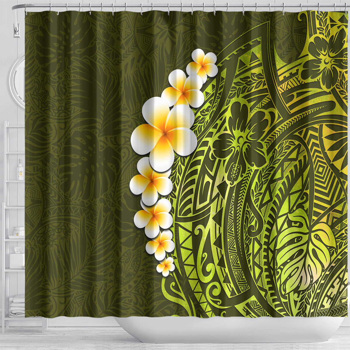 lime-green-tropical-plumeria-with-galaxy-polynesian-art-shower-curtain