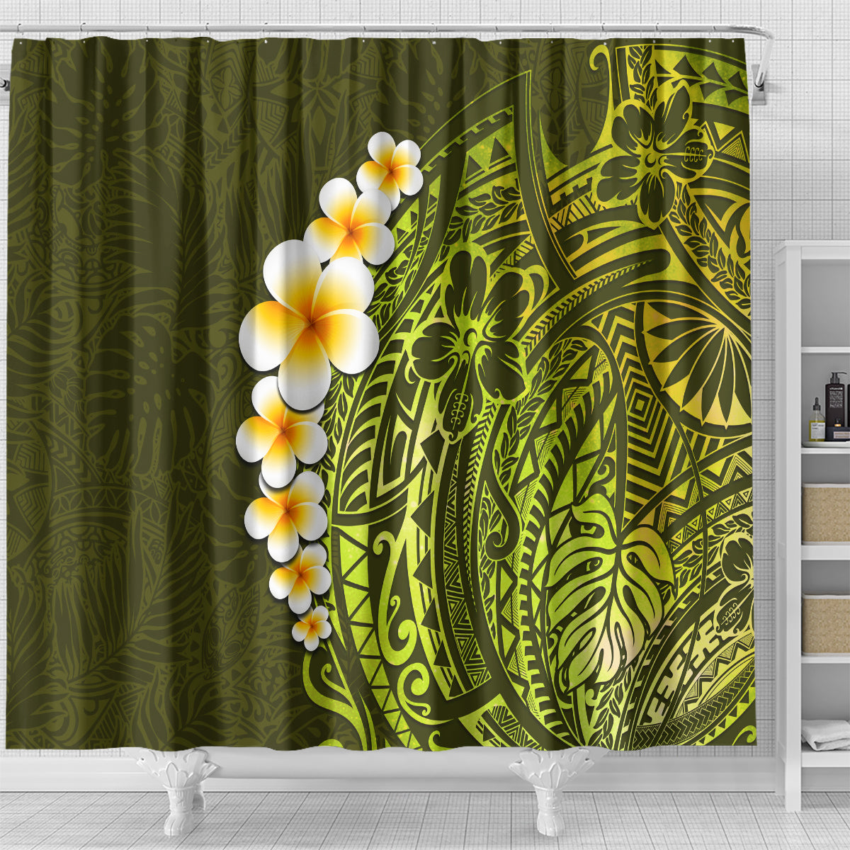 lime-green-tropical-plumeria-with-galaxy-polynesian-art-shower-curtain