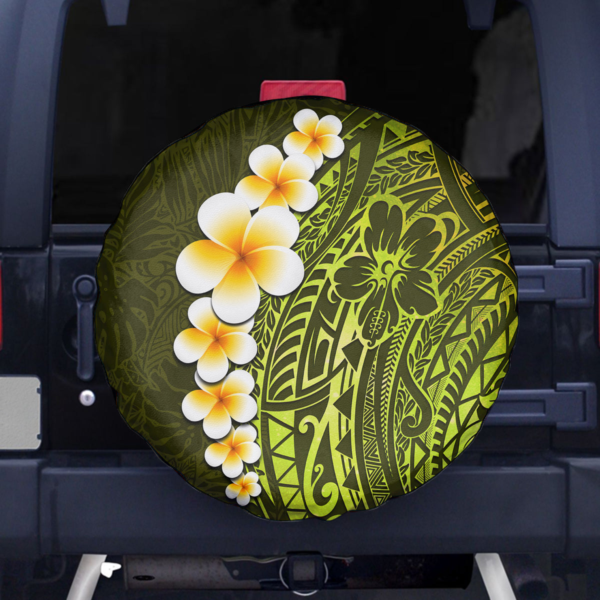 Lime Green Tropical Plumeria With Galaxy Polynesian Art Spare Tire Cover - Wonder Print Shop