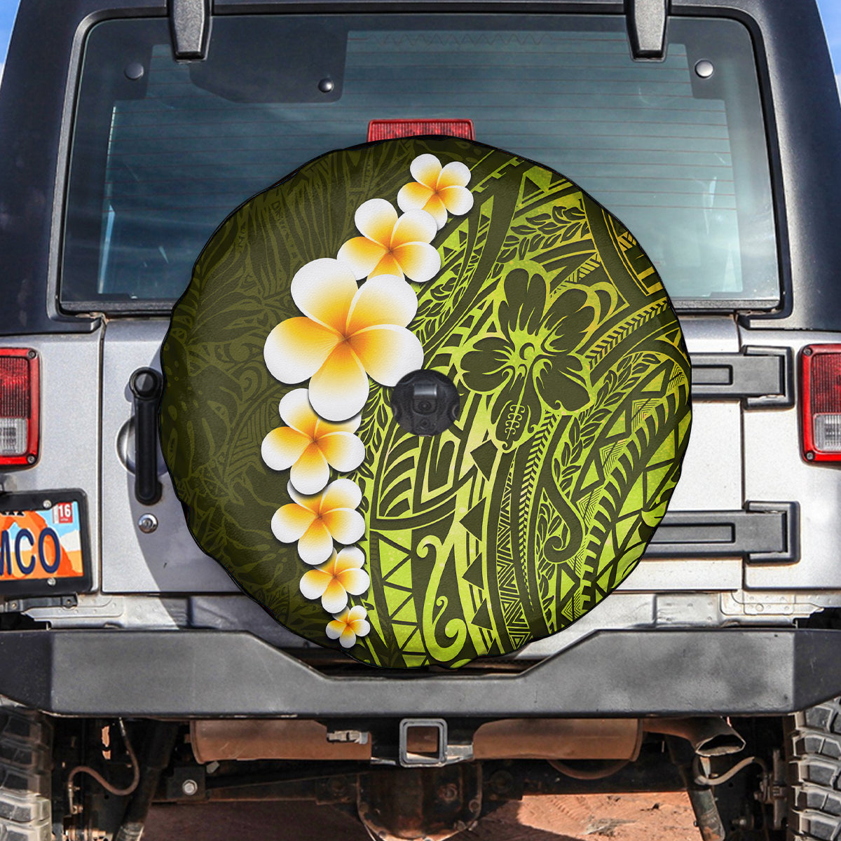 Lime Green Tropical Plumeria With Galaxy Polynesian Art Spare Tire Cover - Wonder Print Shop