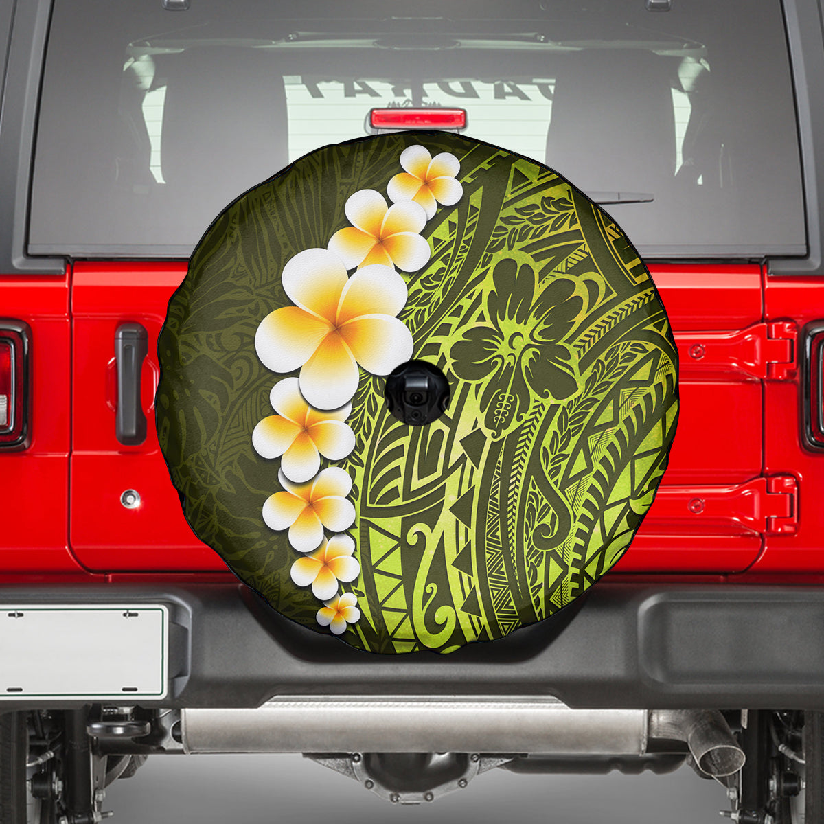 Lime Green Tropical Plumeria With Galaxy Polynesian Art Spare Tire Cover - Wonder Print Shop