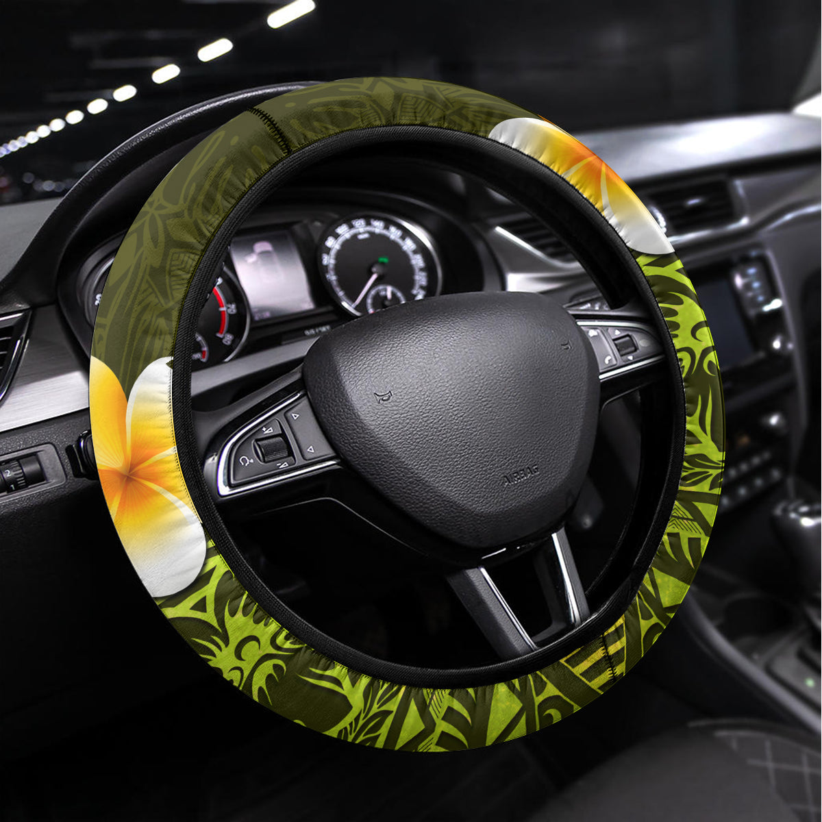 Lime Green Tropical Plumeria With Galaxy Polynesian Art Steering Wheel Cover - Wonder Print Shop