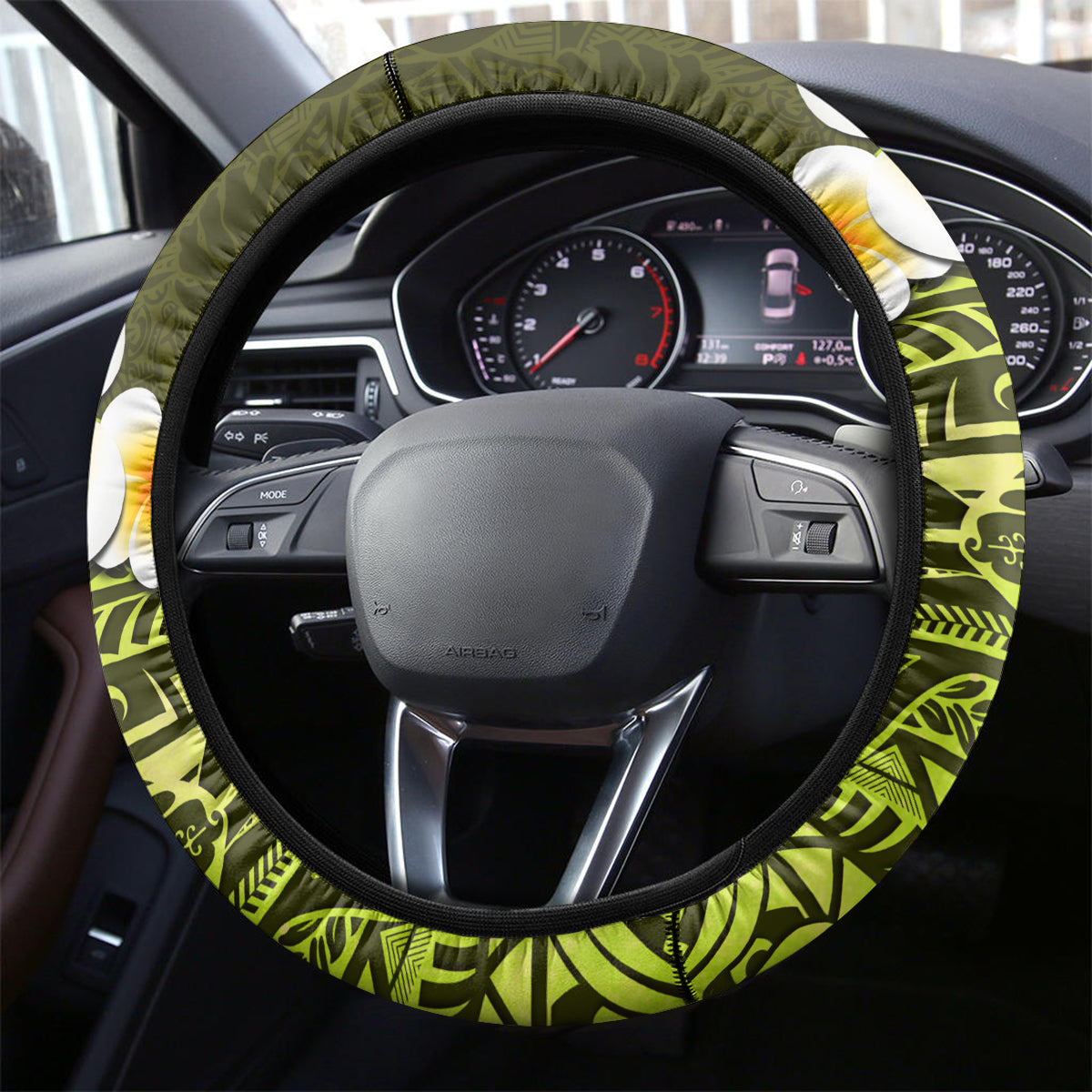 Lime Green Tropical Plumeria With Galaxy Polynesian Art Steering Wheel Cover - Wonder Print Shop