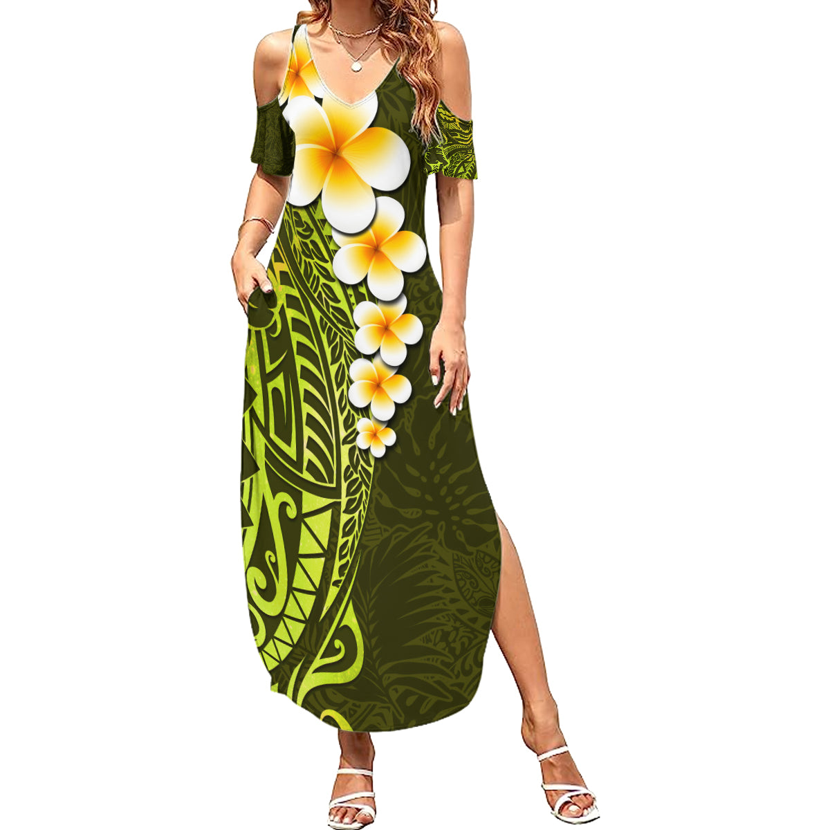 Lime Green Tropical Plumeria With Galaxy Polynesian Art Summer Maxi Dress - Wonder Print Shop