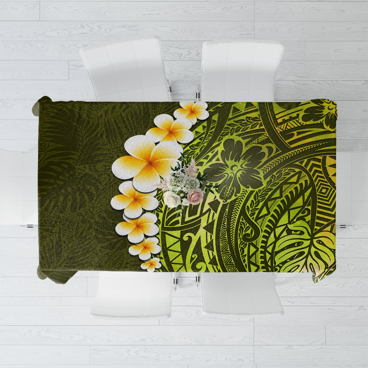Lime Green Tropical Plumeria With Galaxy Polynesian Art Tablecloth - Wonder Print Shop