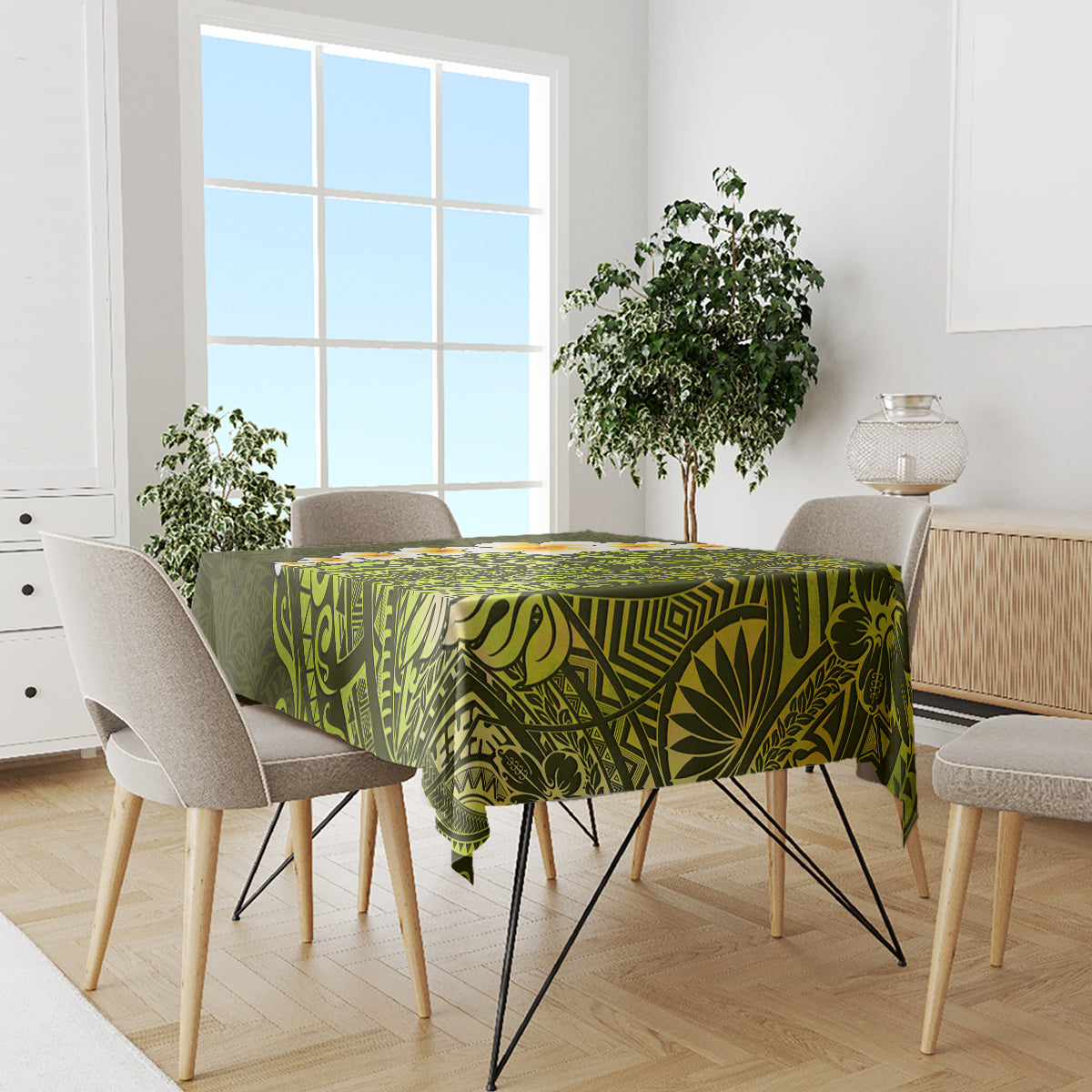 Lime Green Tropical Plumeria With Galaxy Polynesian Art Tablecloth - Wonder Print Shop